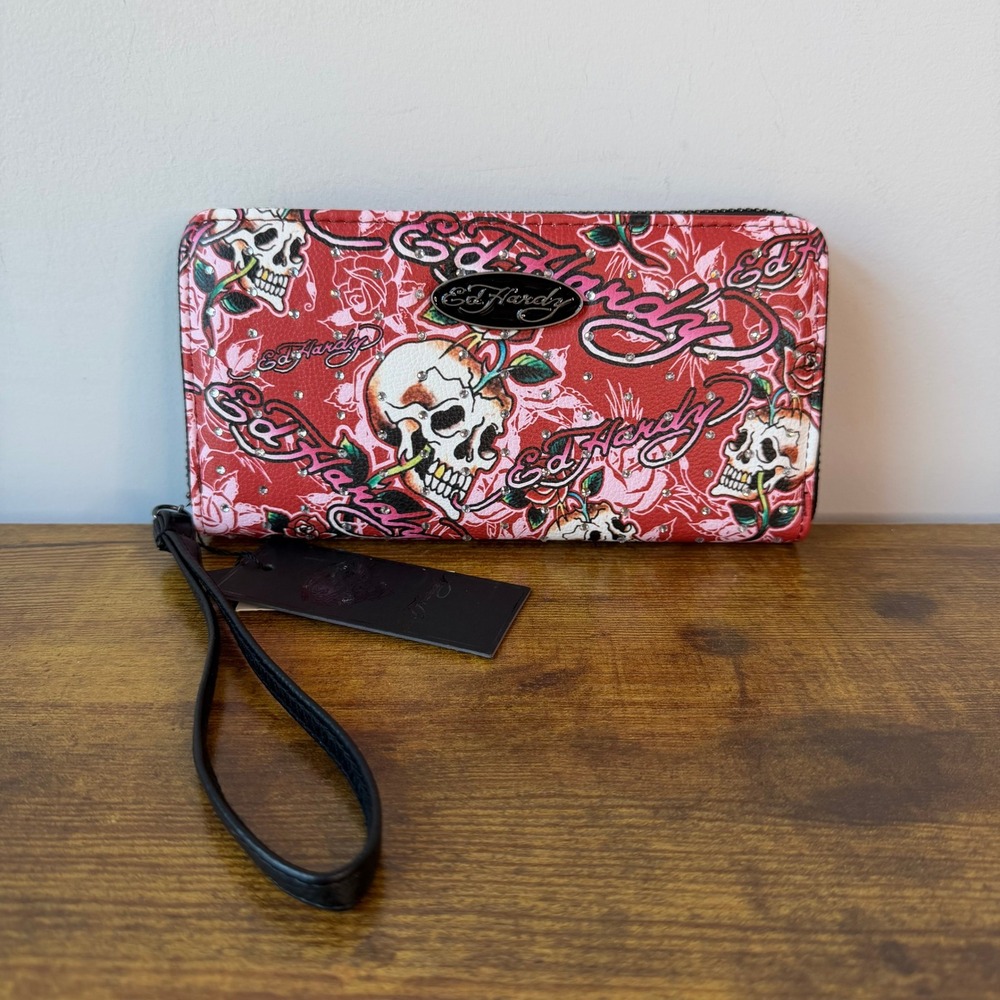 New Ed Hardy Wallet Clutch Wristlet Black Red Skull Card Y2K Bills Change Roses